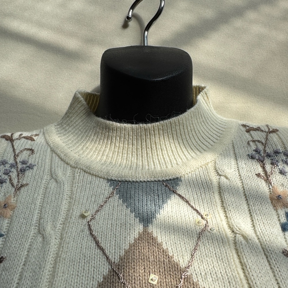 Alfred Dunner Cream Sweater with Blue and Brown Argyle & Floral Embroidery - Picture 7 of 8